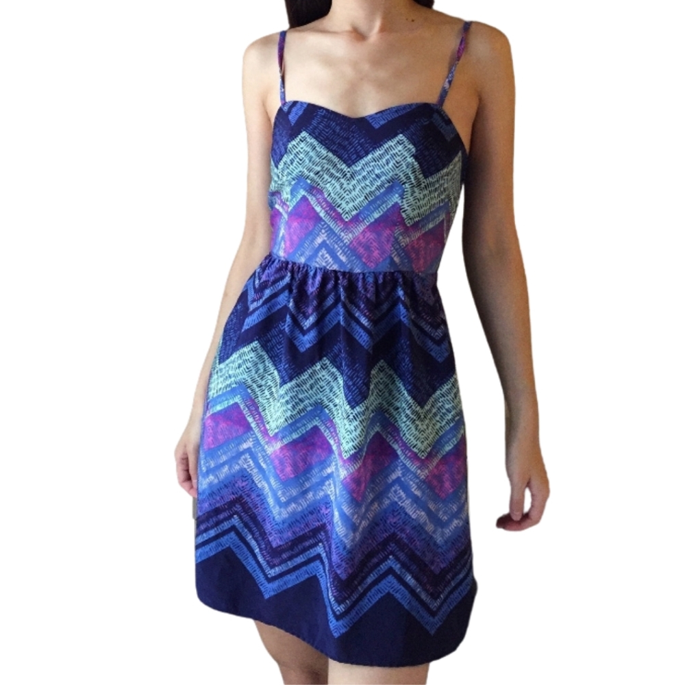 AEO AMERICAN EAGLE OUTFITTERS Blue Purple Chevron Print Sleeveless Dress 10 M - Picture 2 of 12